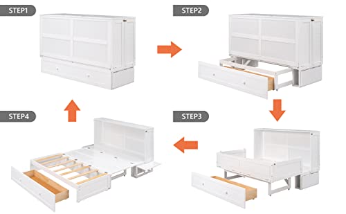 Queen Size Mobile Murphy Bed with Storage Drawers and Small Shelves for Guest Room Home Office, Multi-Functional Platform Bed for Kids, Teens, Easy Assembly (White) BEDGJH
