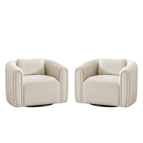 ANJ Swivel Barrel Chair Set of 2 with Plump Pillow, Modern Channel Dutch Velvet Accent Chair, Comfy Round Armchair, Swivel Accent Chair for Nursery Living Room Bedroom (Beige) ANJ