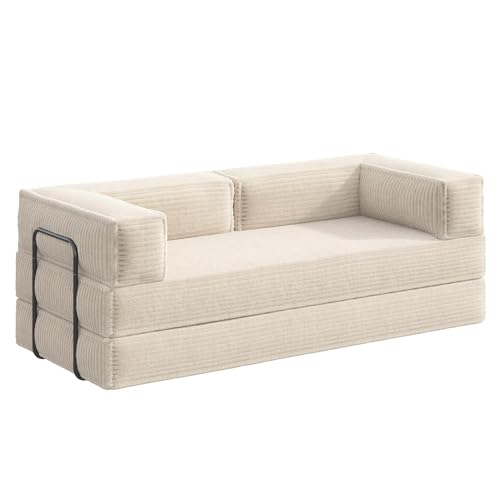 WLIVE 87'' Futon Sofa Bed, Convertible Sleeper Sofa, Folding Pull Out Couch Boneless Mattress with Fixed Frame, Corduroy, Beige WLIVE