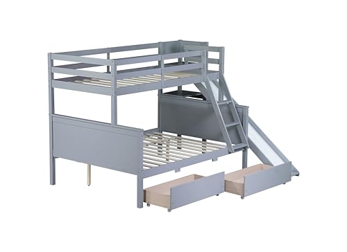 PVWIIK Twin Over Full Bunk Bed with Slide & 2 Drawers for Boys,Girls Bedroom,Rubber Wood Bed Frame W/Storage Shelves for Adult,Teenagers,No Box Spring Needed, Grey PVWIIK