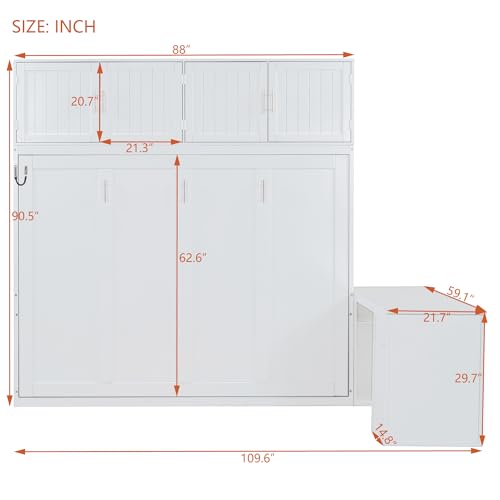 Ball & Cast Murphy Bed Queen Size,Hideaway Beds with Desk and Storage Shelves,Multifunction Wood Wall Cabinets Bedframe W/Big Cabinets &Hardware Chain,Slat Support,Space-Saving for Apartment,White Ball & Cast