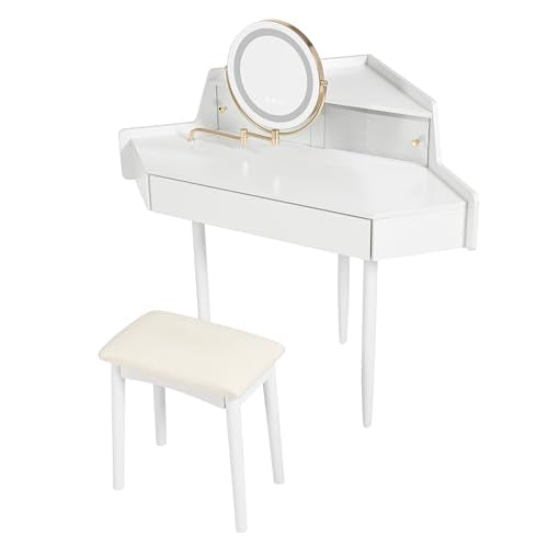 Merax Corner Small Vanity Desk with Mirror and Lights, 44.09" L Makeup Vanity Set with Stool, Dressing Table with Sliding Glass Door, Drawer and Display Shelf, White Merax