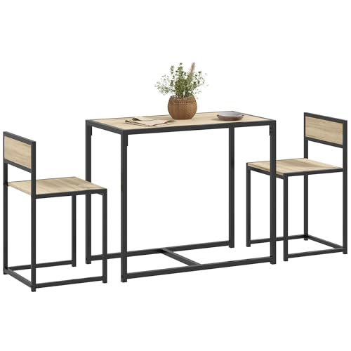 HOMCOM 3-Piece Industrial Dining Table Set for 2, Kitchen Table and Chairs, Dining Room Sets for Small Spaces, Oak HOMCOM