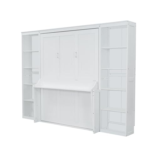 SOFTSEA Queen Size Murphy Bed with Desk, Space Saving Foldable Wall Bed Frame with Storage Shelves, Hideaway Wall Murphy Bed Cabinet for Small Room, Guest Room, White SOFTSEA