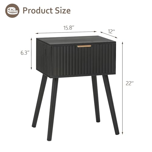 AWASEN Black Nightstand, Small End Tables Living Room, Accent Bedside Table with Fluted Drawer for Bedroom and Small Space, Black AWASEN