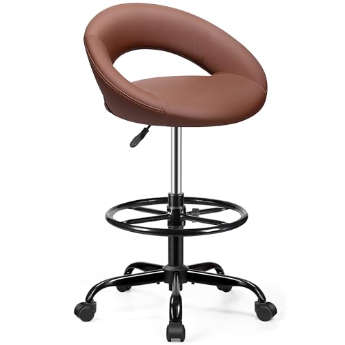 BESTFAIR Drafting Chair with Back, Height Adjustable Rolling Stool with Foot Rest, Tall 360° Swivel Stool PU Leather Chair with Wheels for Home Office, Standing Desk, Brown BESTFAIR
