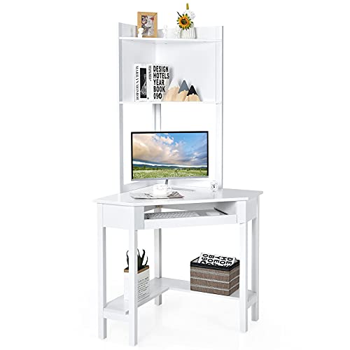 Tangkula White Corner Desk with Hutch, 90 Degrees Triangle Computer Desk with Keyboard Tray & Bookshelves for Small Space, Space Saving Writing Desk with Storage Shelves for Bedroom Apartment Tangkula