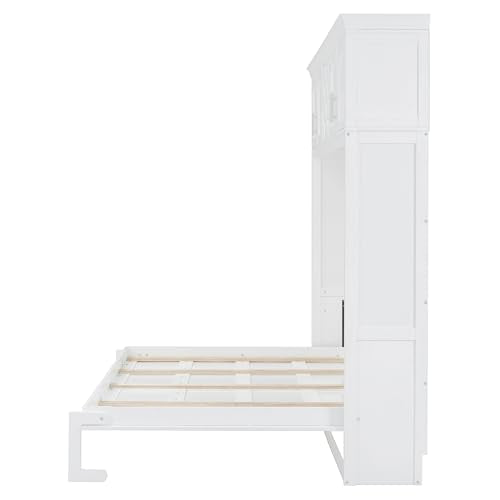 Merax Queen Size Murphy Wall Bed, with Top Cabinets & Wine Rack Space-Saving Foldable Ideal for Guest Rooms, Home Offices, Small Apartments, White Merax