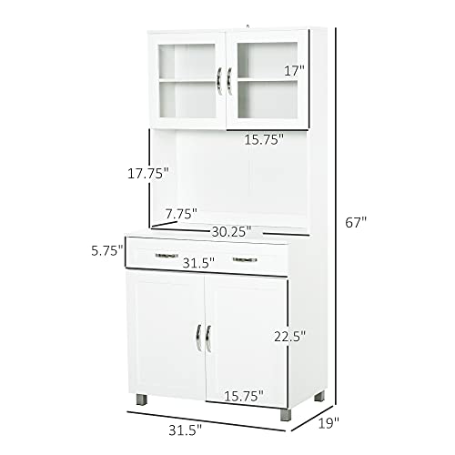 HOMCOM 67" Pantry Cabinet, Modern Kitchen Hutch, Freestanding Storage Cabinet with Glass Doors, Adjustable Shelves and Drawers, White HOMCOM