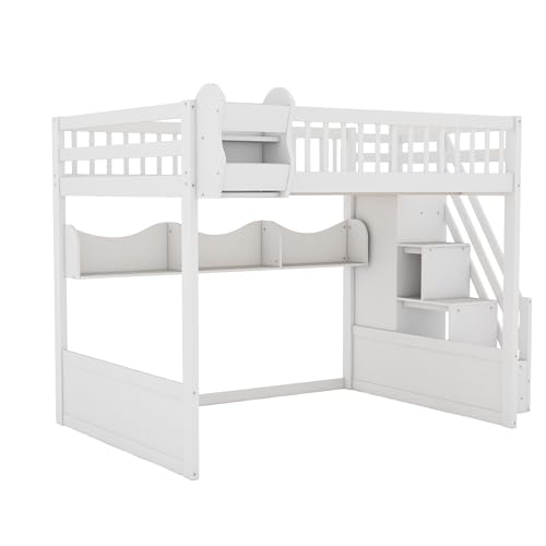 Merax Queen Size Wood Loft Bed with Wardrobe and Staircas, Storage Shelves, Floor Multifunction Bunk Bed with Full Length Gardrails, Space Saving,White Merax
