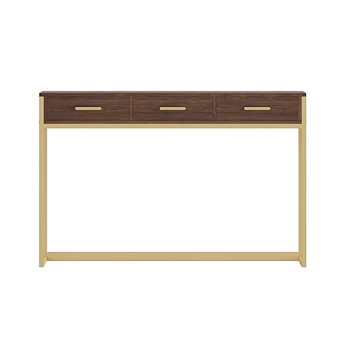 Martha Stewart Ollie Home Office Desk with 3 Drawers in Walnut Wood Grain with Polished Brass Hardware Martha Stewart