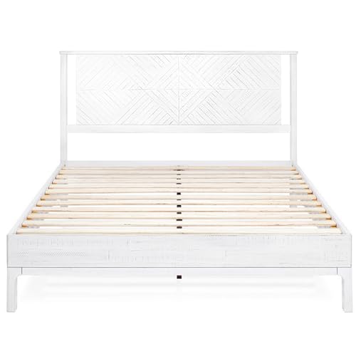 Bme Ethan Solid Wood King Bed Frame with Diamond Headboard - Rustic & Mid-Century Modern - Acacia Wood Platform Bed - Compatible with All Mattresses - No Box Spring Needed - Rustic White Bme