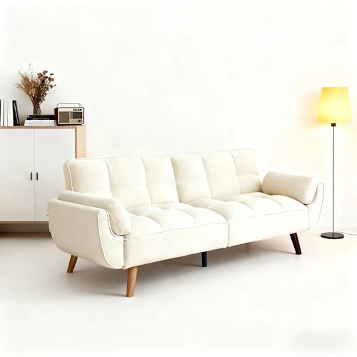 Trygoal Convertible Futon Sofa Bed, Modern Futon Couch with 2 Pillows, Small Futons Couch with Adjustable Armrest & Backrest, Loveseat Sofa Bed for Living Room, Bedroom, Beige Trygoal