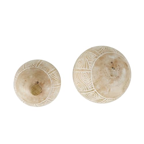 Deco 79 Mango Wood Handmade Decorative Ball Orbs & Vase Filler with Carved Tribal Patterns, Set of 2 5", 4" W, Cream Deco 79