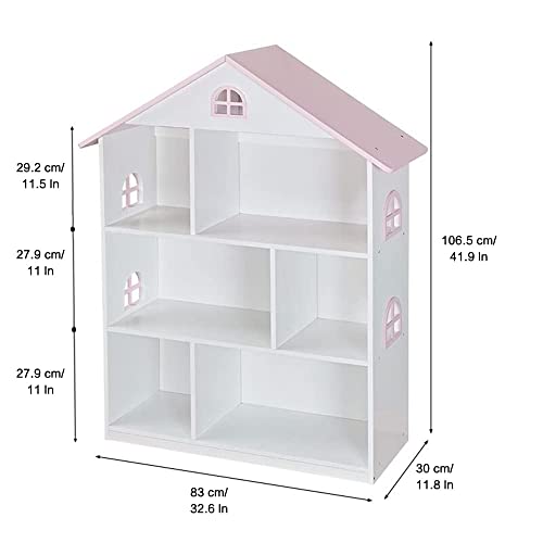 WODENY Pink Wooden Dollhouse Bookcase - 3-Tier Storage Organizer for Kids' Toys and Books WODENY
