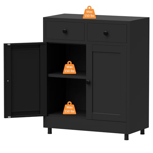 JINKUR Metal Storage Cabinet with 2 Drawers and Adjustable Shelf, Sideboard Buffet Cabinet for Home, Office, Hallway, Entryway, Living Room, Kitchen Pantry and Dining Room (Black) JINKUR