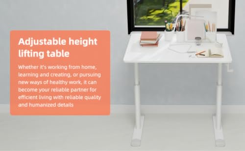 Penau Height Adjustable Study Desk, Manual Crank Standing Desk for Home Office and Kids, Minimalist White Engineered Wood Top with White Iron Frame, Compact Rectangular 32.68 x 23.62 x 35.43 Inchs Penau