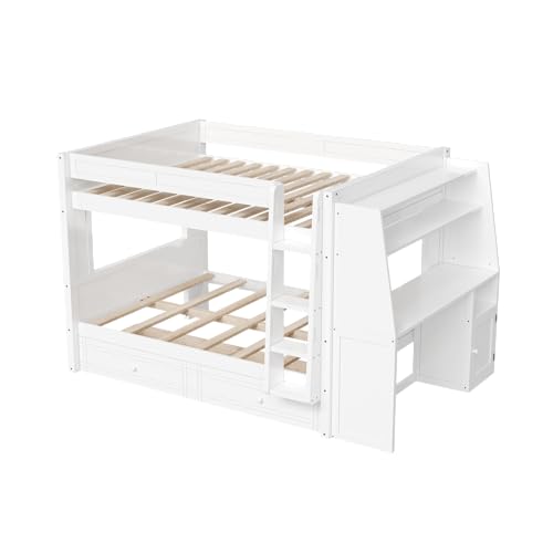 LUMISOL Full Over Full Bunk Bed with Desk and Bookshelves, Solid Wood Bunk Bed with Drawers for Kids Teens Adults, Safety Guardrail, Space-Saving Wooden Bunk Beds with Storage, White LUMISOL