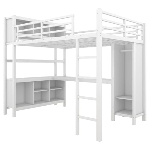 Harper & Bright Designs Full Loft Bed with Desk, Metal Loft Beds with Storage Shelves, Desk, and Wardrobe, Heavy-Duty Loft Bed Frame for Kids, Teens, Adults, Space-Saving and Noise-Free Design, White Harper & Bright Designs
