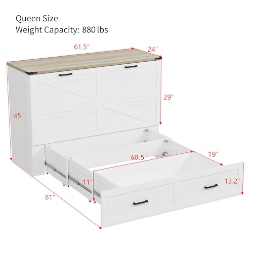 Harper & Bright Designs Queen Size Murphy Cabinet Bed with Charging Station & Storage Drawer, Farmhouse Style Wall Bed Folds into Cabinet, White