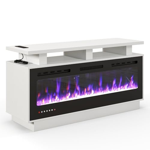 Fireplace TV Stand with 50" Smart Electric Fireplace, Solid Wood Fire Place with Mantel, Modern Fireplace Cabinet with Socket for Living Room Farmhouse Entertainment Center White, (50 inch, WiFi) ROCSUMOO