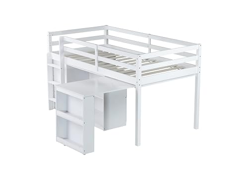 Low Loft Bed with Storage & Rolling Out Desk, Kids Twin Size Loft Beds with Bookcase & Drawers, Rubber Wood Junior Lofts Bed with Dresser/Shelves/Ladder/Guardrails for Boys Girls Teens, White Duxelifin