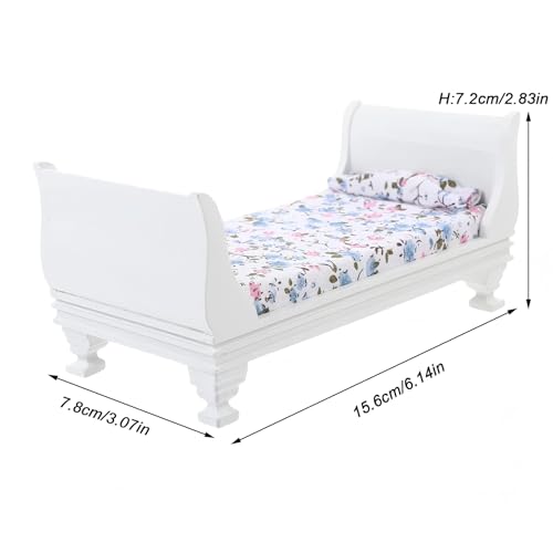 Gxsterd 1/12 Dollhouse Bed Miniature Single Bed Vintage Woode Mini Bed for for 6 inch Dolls Dollhouse Bedroom Furniture with Bedding Fabric (White) Gxsterd