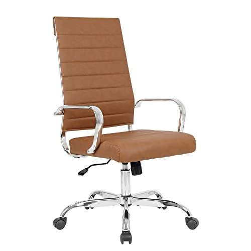 LANDSUN Home Office Chair High Back Executive Chair Ribbed Leather Computer Desk Chair with Armrests Soft Padded Adjustable Height Swivel Modern Conference Chrome Brown LANDSUN