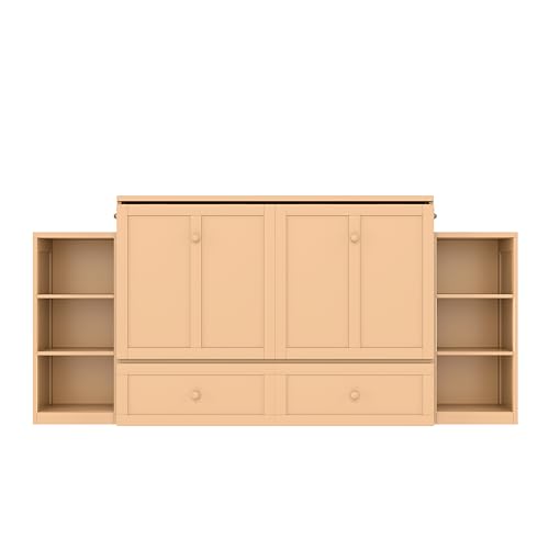 Ball & Cast Murphy Bed Full Size Bed Frame with Spacious Storage Drawers and Open Shelves,Wood Hideaway Beds w/No Box Spring Needed,Slat Support,for Apartment,Bedroom,can be Folded,Golden Ball & Cast