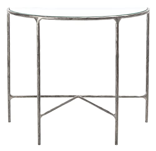 SAFAVIEH Couture Home Collection Jessa Silver Metal/Tempered Glass Top Half Moon Entryway Living Room Console Table (Fully Assembled) SAFAVIEH