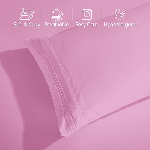 Elegant Comfort Luxurious 1500 Premium Hotel Quality Microfiber Three Line Embroidered Softest 4-Piece Bed Sheet Set, Wrinkle and Fade Resistant, Full, Light Pink Elegant Comfort