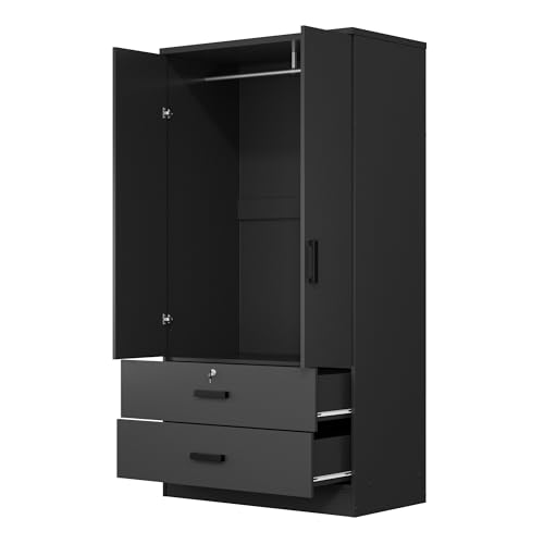 Woodpeckers Furniture And Mattress 2-Door Closet with 2-Drawers (Black) Woodpeckers Furniture And Mattress