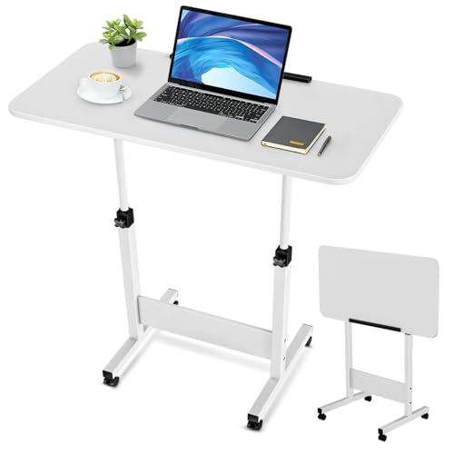 ZHIDIAN Tiltable Foldable Standing Desk Adjustable Height, Portable Computer Desk with Wheels, Mobile Sit Stand Small Rolling Laptop Table for Walking Pad, Bike Trainer, White ZHIDIAN