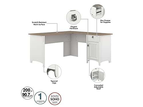 Bush Business Furniture Salinas 60W L-Shaped Desk Set with Hutch, File Cabinet, and Bookcase in Shiplap Gray and Pure White Bush Business Furniture