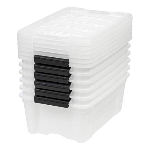 IRIS USA 13 Qt Stackable Plastic Storage Bins with Lids, 6 Pack - BPA-Free, Made in USA - Discreet Organizing Solution, Latches, Durable Nestable Containers, Secure Pull Handle - Pearl Iris Ohyama