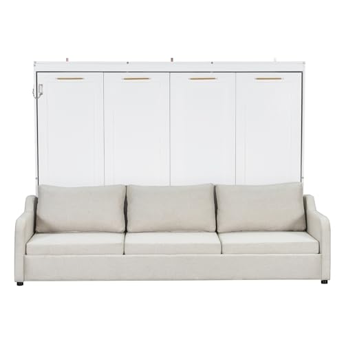 Quarte Queen Size Murphy Bed with Folding Sofa & Built-in Storage Shelves, Space-Saving Wall Bed Frame with LED Lights, Safety Lock, Easy Assembly Quarte
