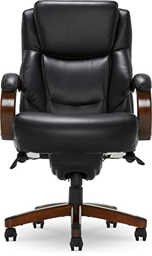 La-Z-Boy Delano Big & Tall Executive Office Chair, High Back Ergonomic Lumbar Support, Bonded Leather, Black with Mahogany Wood Finish La-Z-Boy