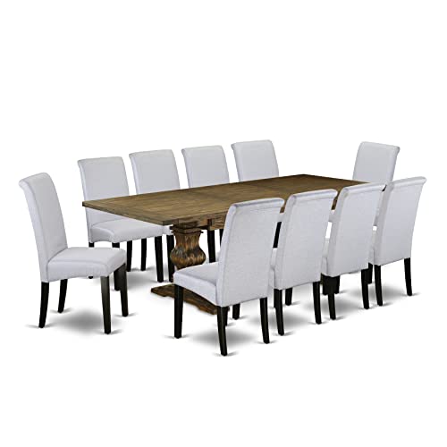 East West Furniture Lassale 11 Piece Set Includes a Rectangle Dining Room Table with Butterfly Leaf and 10 Grey Linen Fabric Upholstered Chairs, 42x92 Inch, Distressed Jacobean East West Furniture