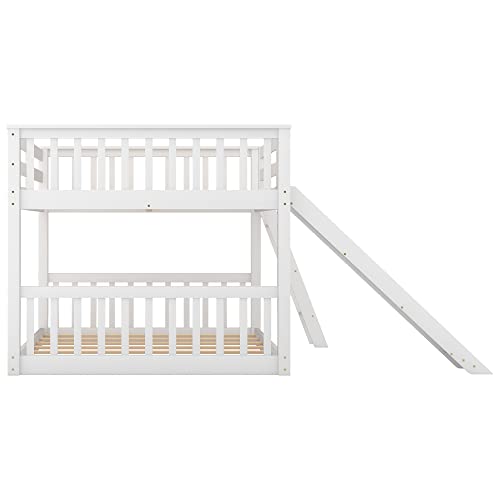 Harper & Bright Designs Floor Low Bunk Bed Full Over Full with Slide and Ladder, Solid Wood Bunk Beds Frame for Saving Space, White Harper & Bright Designs
