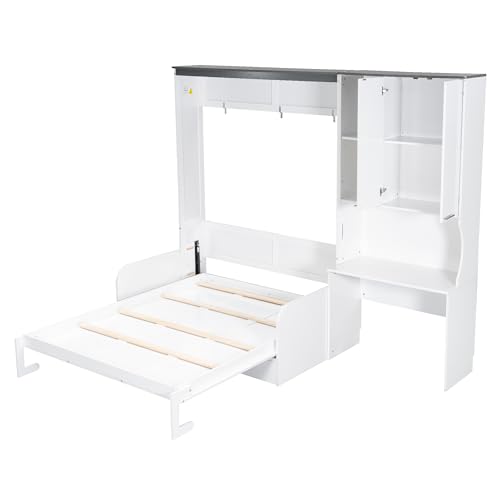 Merax Queen Size Wood Murphy Bed with Upholstered Sofa & Desk, Multifunctional Foldable Wall Platform Bed for Guest-Room, Bedroom, Space Saving, White+ Gray Merax