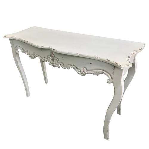 Distressed White Wood Console Table with Carved Details and Cabriole Legs, French Country Entryway Table with Curved Top, Farmhouse Sofa Table for Living Room, Hallway, Foyer - 44" L x 16.5" W x 30" H Royard Oaktree