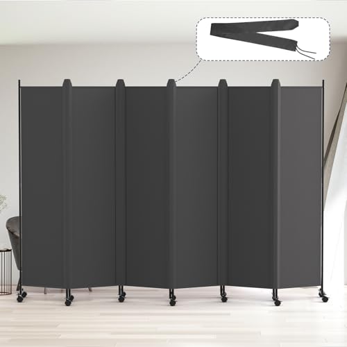 Kokorona 6 Panel Room Divider, 6FT Tall Rolling Privacy Screen with Lockable Wheels, Folding Wall Dividers Portable Room Divider for Room Separation, Included - Cover Strips, Grey, 119''W x 70''H Kokorona