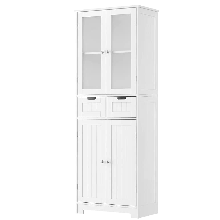 Bathroom Storage Cabinet with Drawers, 67" Tall Floor Linen Cabinet with Doors and Shelves, Freestanding Bathroom Towel Cabinet Organizer, White Accent Cupboard for Bathroom Kitchen Living Room Gitua