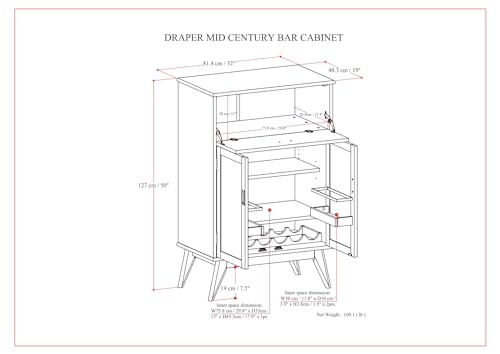 SIMPLIHOME Draper SOLID HARDWOOD Mid Century Modern 32 inch Wide Bar Cabinet in Teak Brown for The Living room, dining room and kitchen SIMPLIHOME