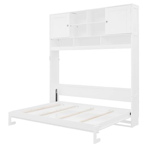 Merax Queen Size Murphy Bed with Top Cabinets and Shelves, Fold into a Cabinet, Space-Saving Foldable Wall Bed for Bedroom, Guest Room, Home Office, Solid Wood Bed Frame, White Merax