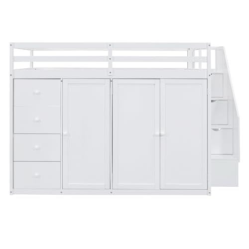 Ball & Cast Full Size Loft Bed with Storage Staircase & Safety Guardrail,Sturdy Wood Bedframe W/ 3 Cabinets & 4 Drawers,Built-in Wardrobes,Space Saving,for Boy Girl Kids Small Bedroom Dormitory,White Ball & Cast