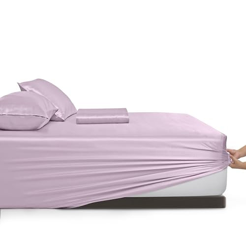 Vonty Extra Deep Pocket Full Sheet Sets - Cooling & Silky Satin Full Size Sheets with 18-24 Inch Deep Pocket, Luxury Lavender Satin Bed Sheets Fit Up to 24" Deep Mattress - 4 Piece Vonty