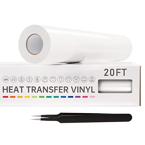 VinylRus Heat Transfer Vinyl-12” x 20ft White Iron on Vinyl Roll for Shirts, HTV Vinyl for Silhouette Cameo, Easy to Cut & Weed VinylRus
