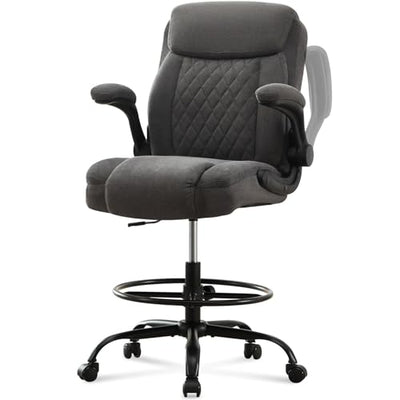 Drafting Chair Tall Office Chair for Standing Desk, Ergonomic Tall Desk Chair with Adjustable Foot Ring, Flip-Up Armrests, Lumbar Support, Comfortable Fabric Seat – Ideal for Home and Office Use
