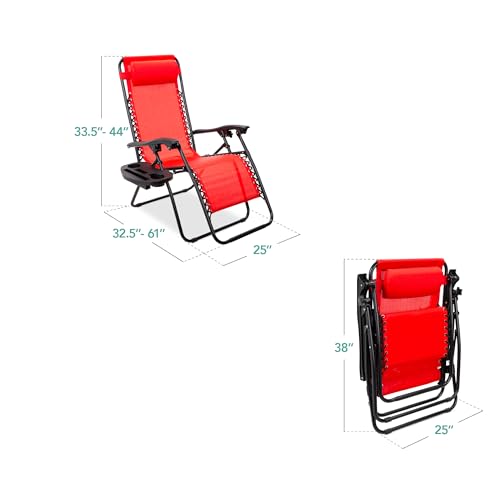 Best Choice Products Set of 2 Adjustable Steel Mesh Zero Gravity Lounge Chair Recliners w/Pillows and Cup Holder Trays - Crimson Red